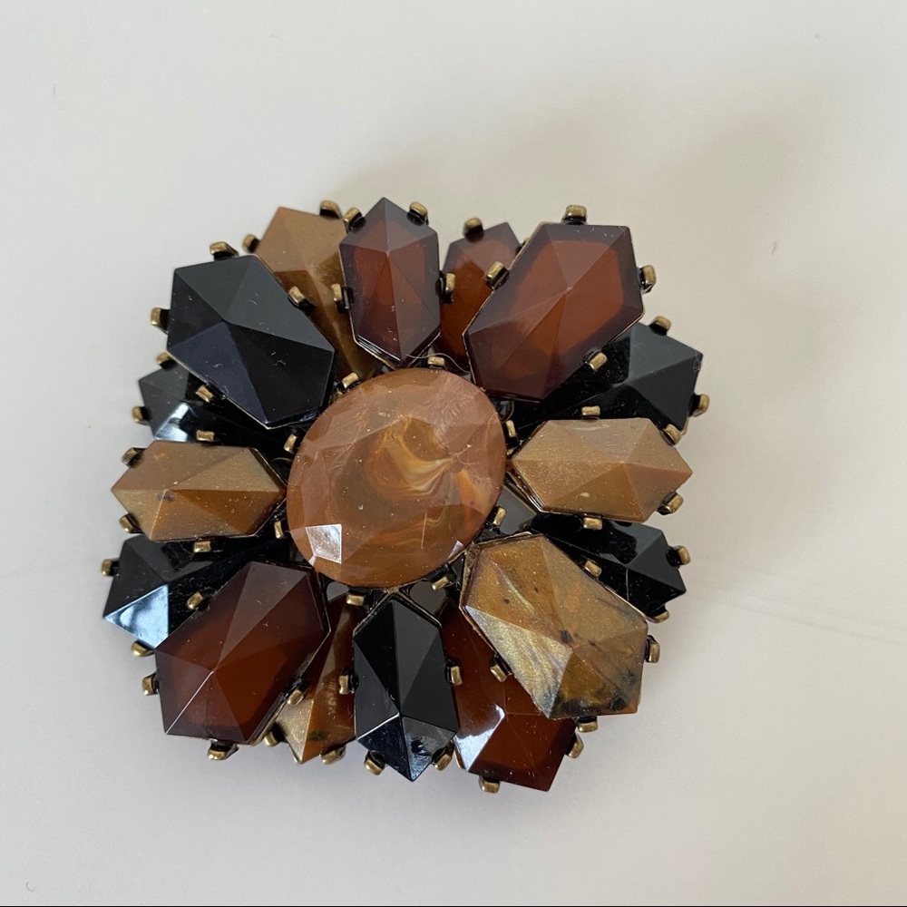 🌻NEW Brooch Black Tan Orange Brass 2.5" Wide